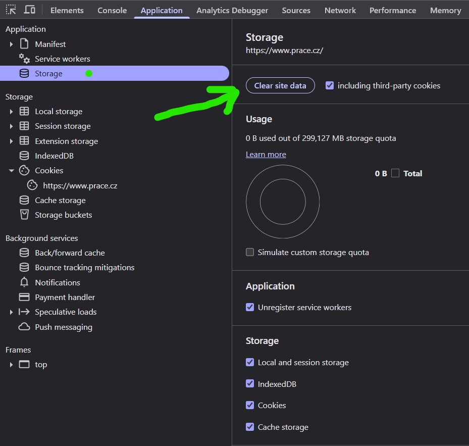 Mazání cookies a dalších dat webu v DevTools